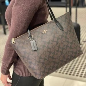 Coach 4455 Zip Top Tote In Signature Canvas Gold/ Brown Black